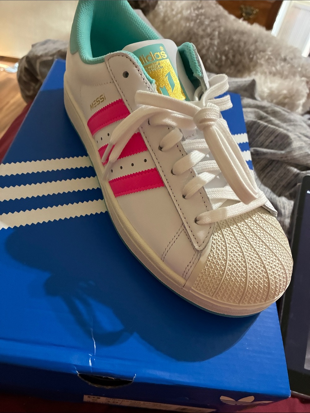 adidas Superstar Messi Women’s White Sneakers with Pink Stripes and Teal Lining